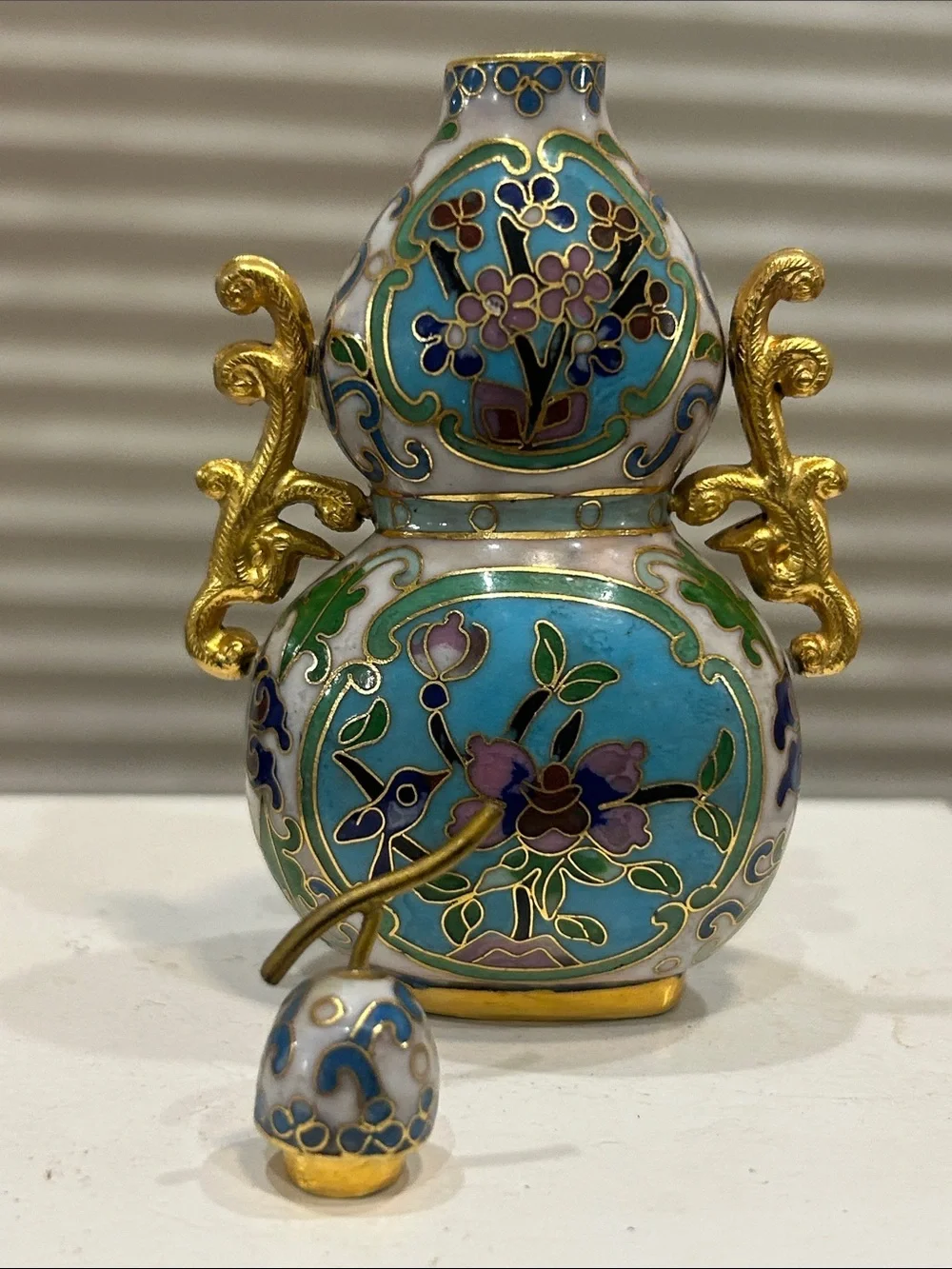 Decorative Turquoise Cloisonné Gourd Vase with Gold Accents